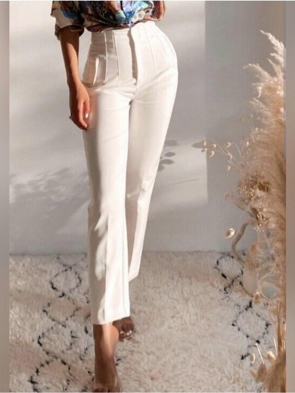 Zara High-Waist Slim Flare Trousers in White